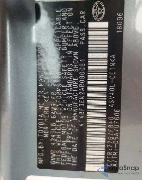 2010 Toyota Camry Base из США, поврежденный, VIN 4T4BF3EK2AR080061